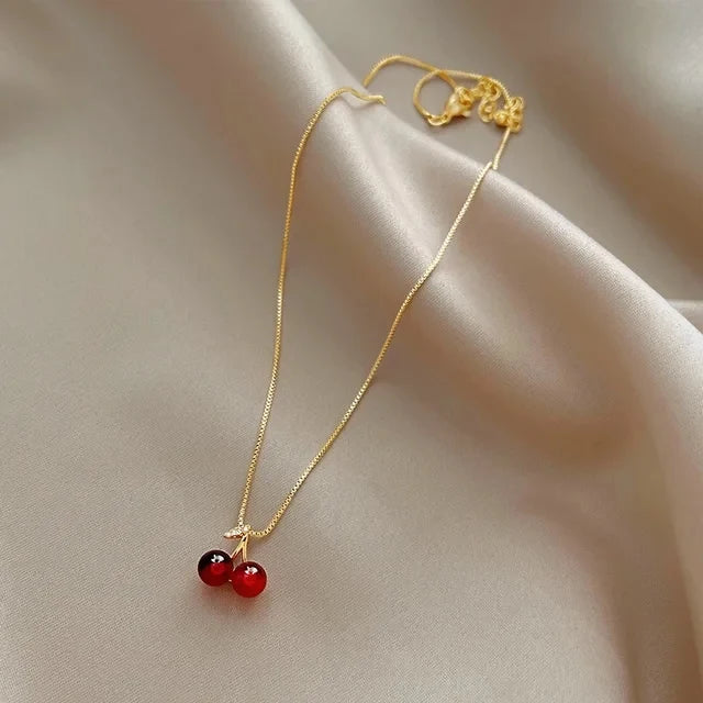 Cherry Charms Set: Pendant Necklace & Cute Stud Earrings.